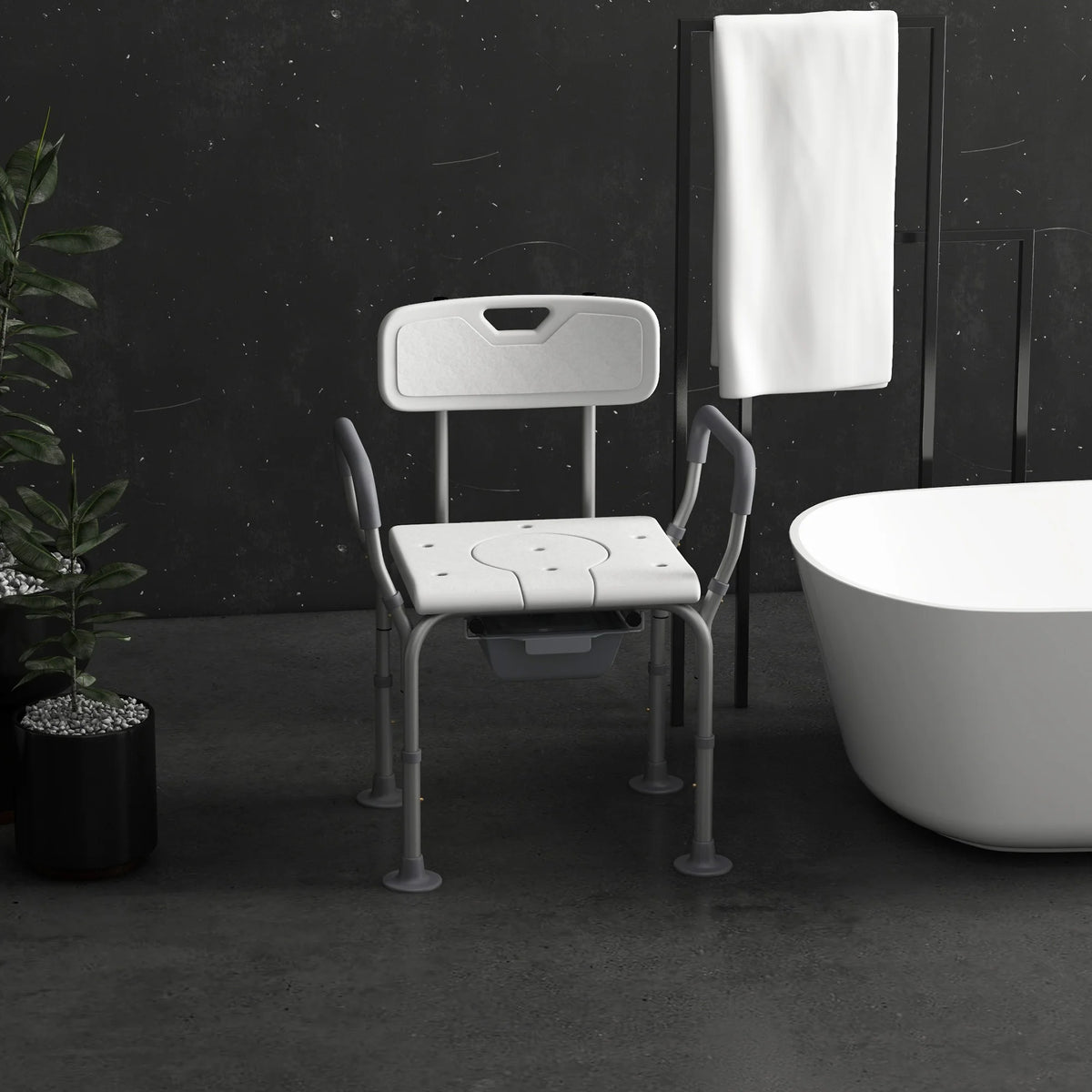 3-in-1 Height-Adjustable Shower Chair and Commode with Back and Arms, White