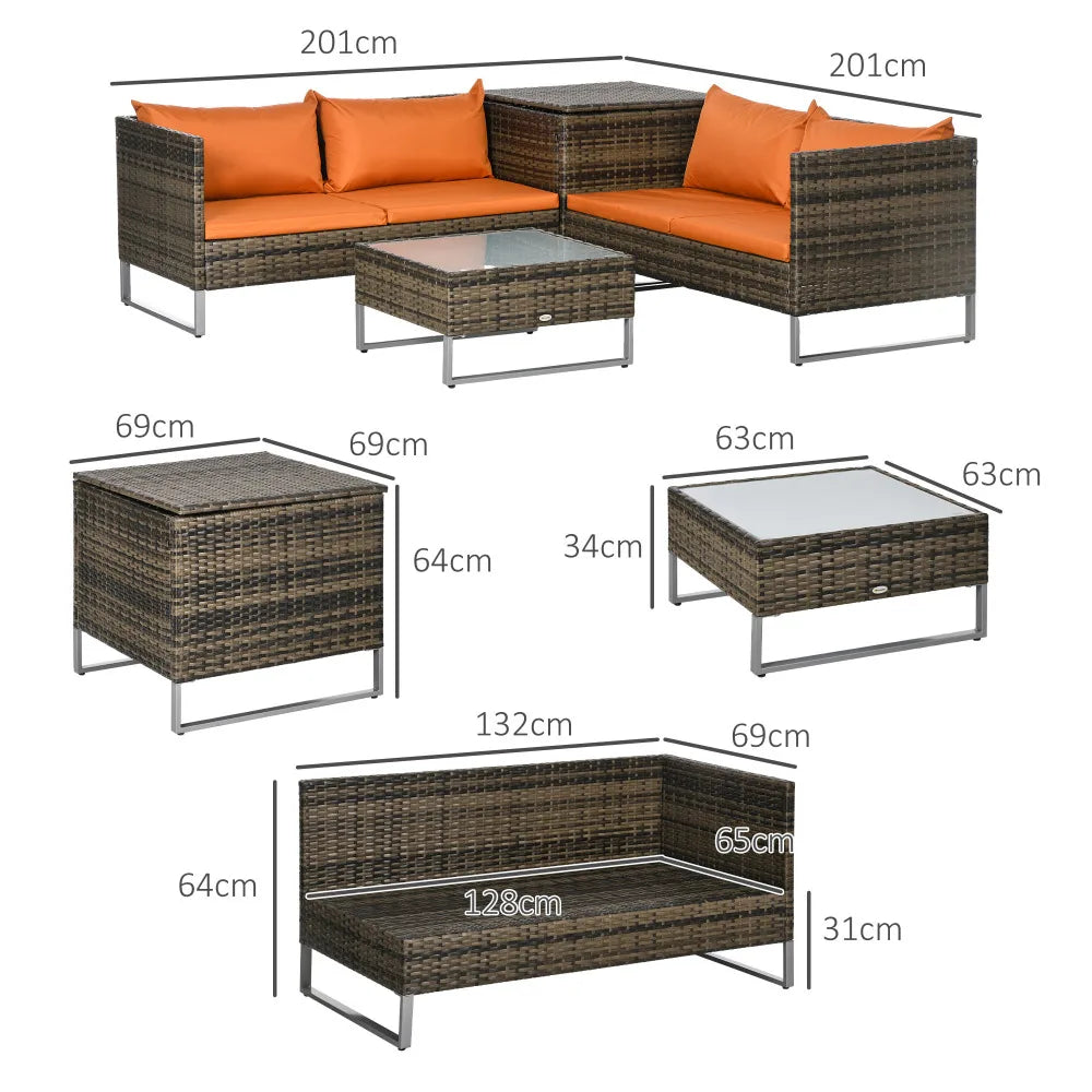 4 Piece Rattan Corner Sofa Set with Storage Table and Loveseats, Orange