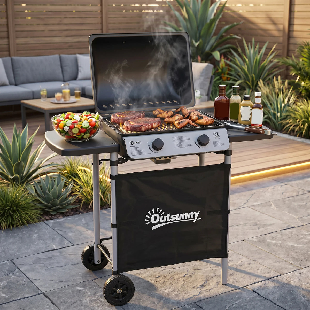 2 Burner Propane Gas BBQ Grill 5.6kW with Folding Side Shelves and Wheels
