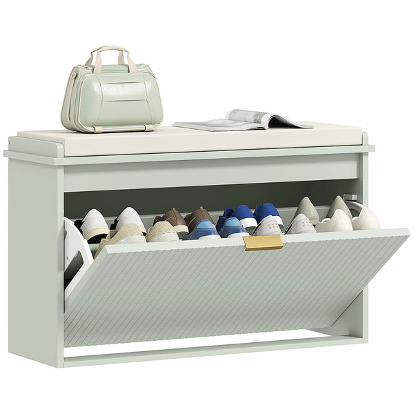 Shoe Storage Bench with Cushioned Seat and Flip Drawer, 80 x 26 x 47.5 cm, Green