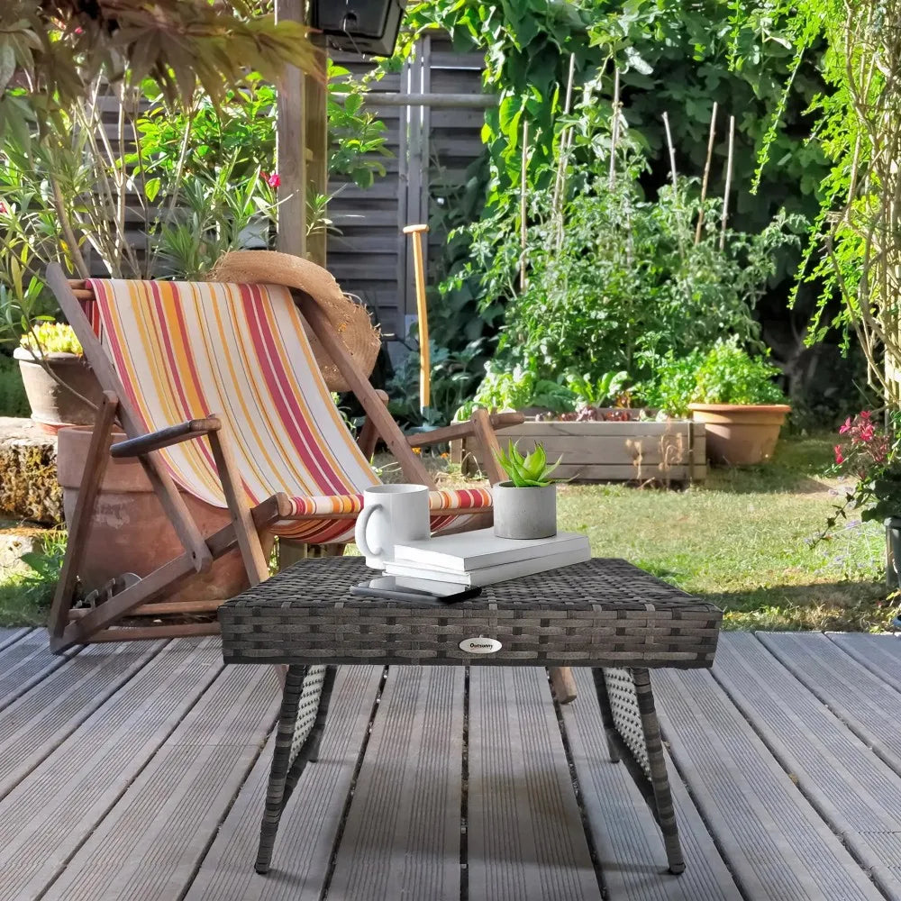 Foldable Rattan Garden Side Table 60x41x41cm Steel Frame 30kg Capacity Space Saving for Patio Balcony Mixed Grey