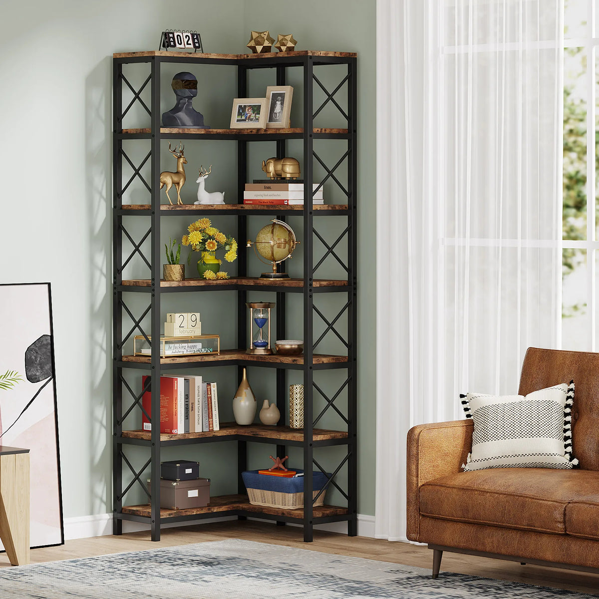 7-Shelf Large Corner Bookcase 200cm Tall with Metal Frame | L-Shaped Display Shelf for Living Room Office