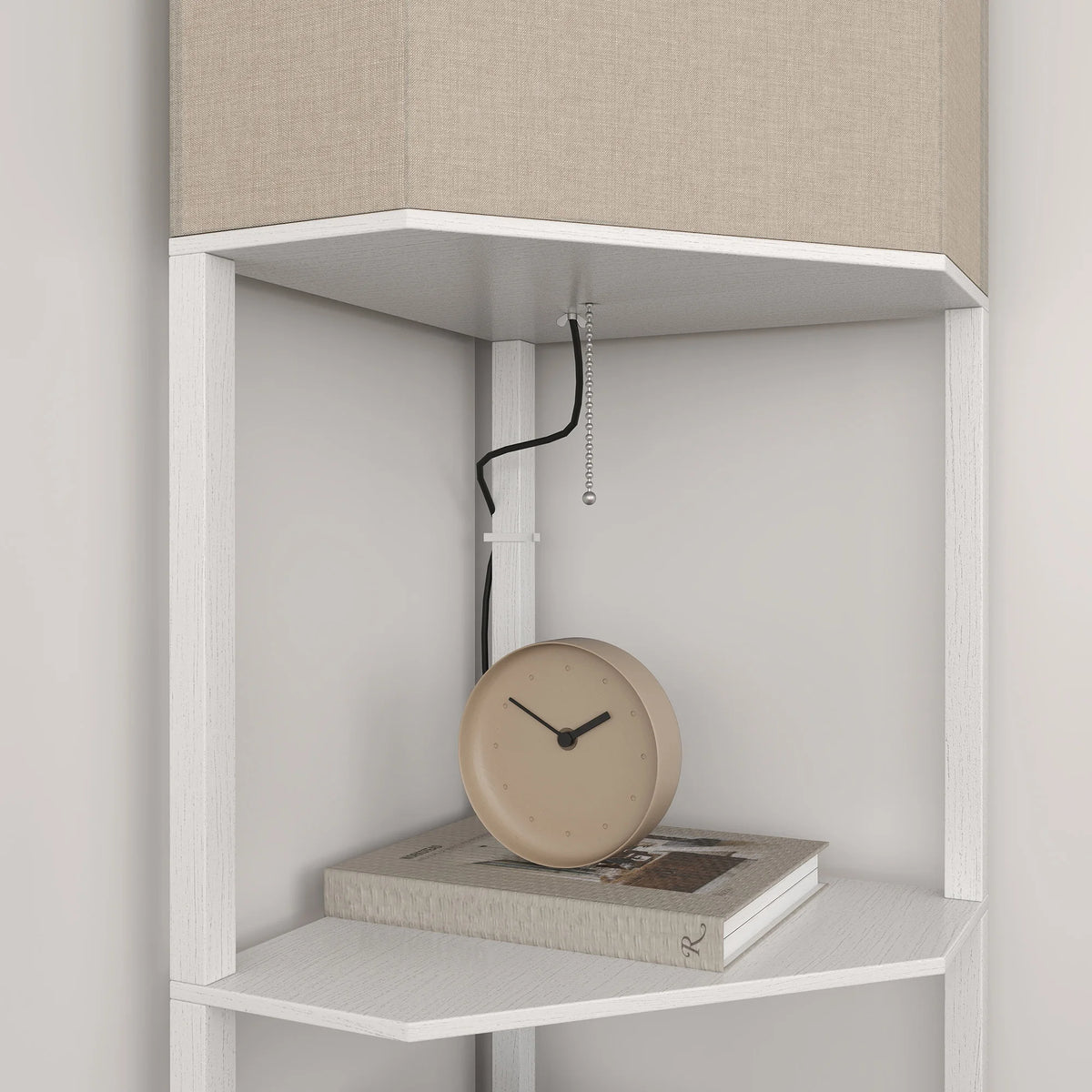 Corner Floor Lamp with 3 Shelves and Pull Chain, White