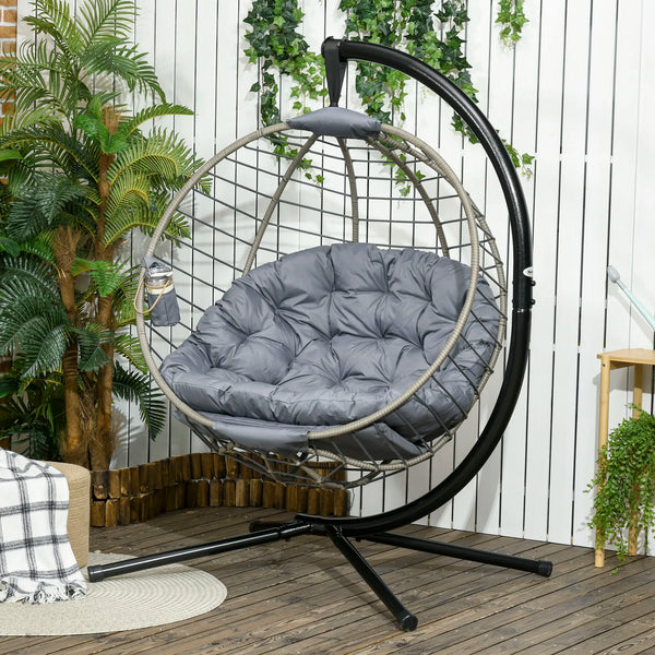 Rattan Hanging Swing Chair with Stand, Cushion and Cup Holder, Grey