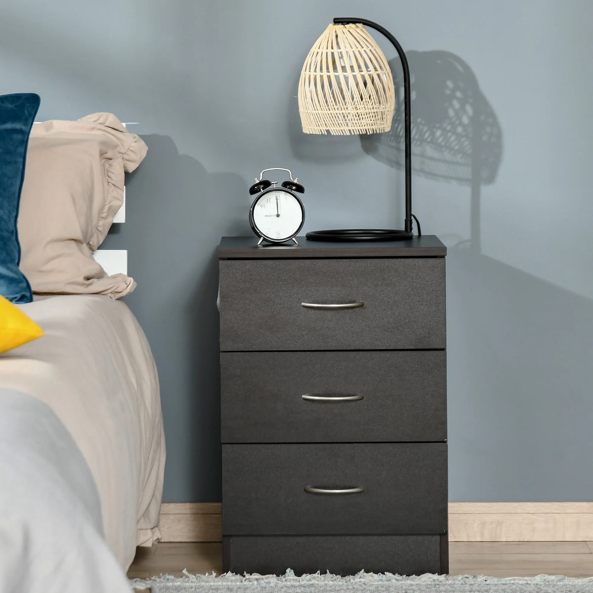 Modern 3-Drawer Bedside Table, Black Wood-Effect
