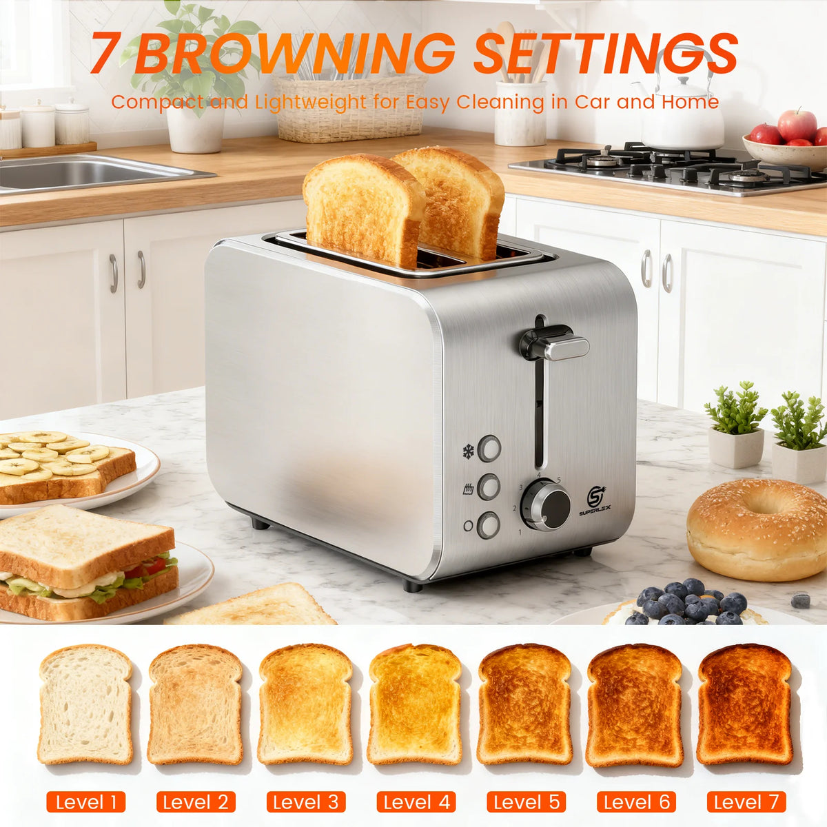 2 Slice Compact Toaster 850W Stainless Steel with 7 Browning Settings Defrost Reheat Function and Removable Crumb Tray