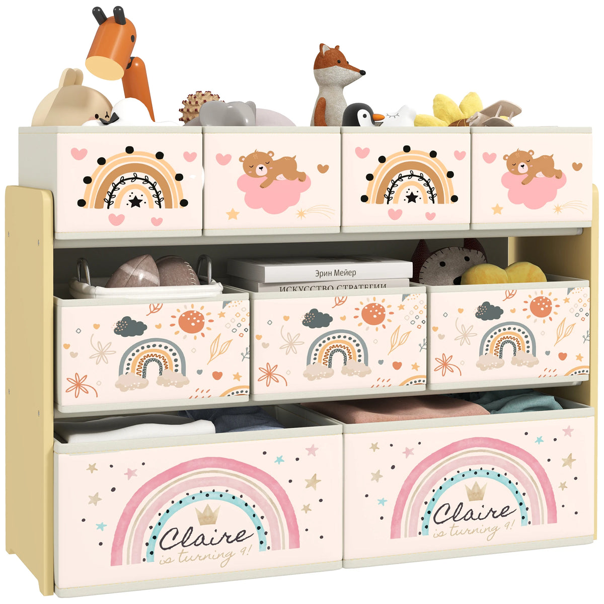 Kids Toy Storage Unit, 3-Tier Organiser with 9 Fabric Boxes, Yellow