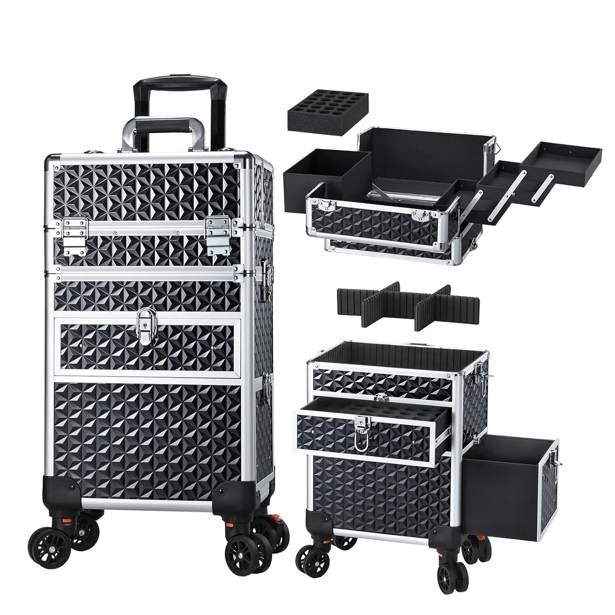 Cosmetology Case on Wheels with Large Trays and Drawers 36-55L PVC Rolling Salon Cart for Barbers and Manicure