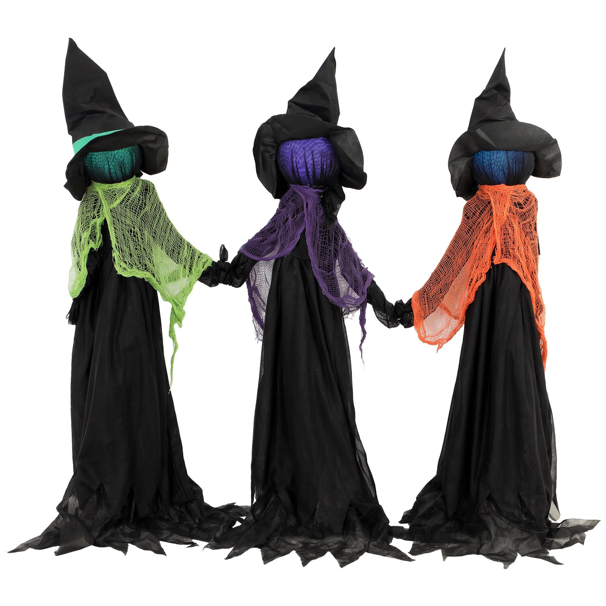 Three light up Halloween witches holding hands with colour changing heads