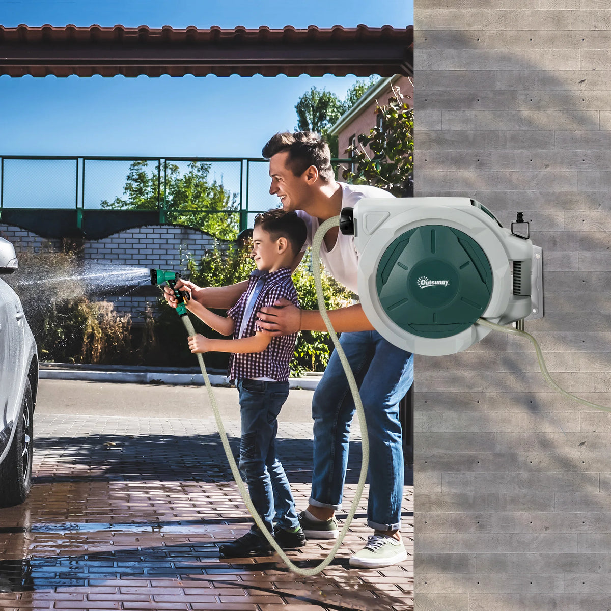 Retractable Hose Reel, Wall Mounted with Lock, Auto Rewind, Light Grey