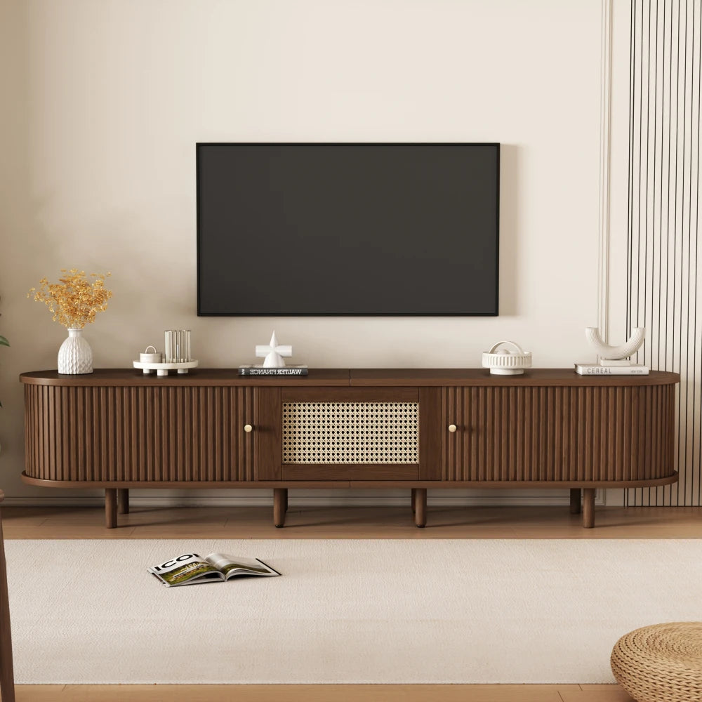 180cm Oak TV Stand with Rattan Drawer, Sliding Doors, Gold Handles and Adjustable Legs