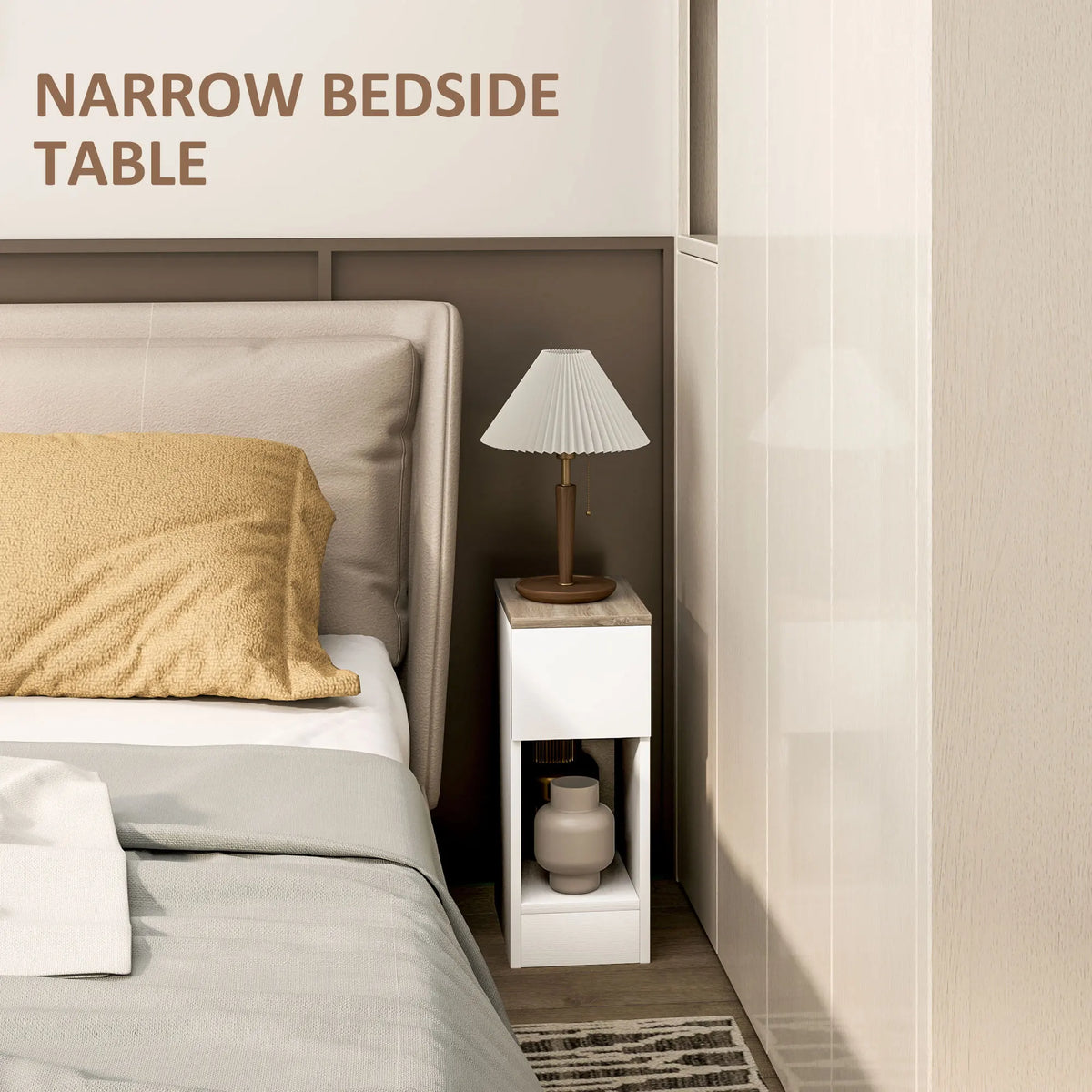 Set of 2 Bedside Tables 42.5cm Slim Nightstands with Drawer Bottom Shelf and Wood Effect Tops White