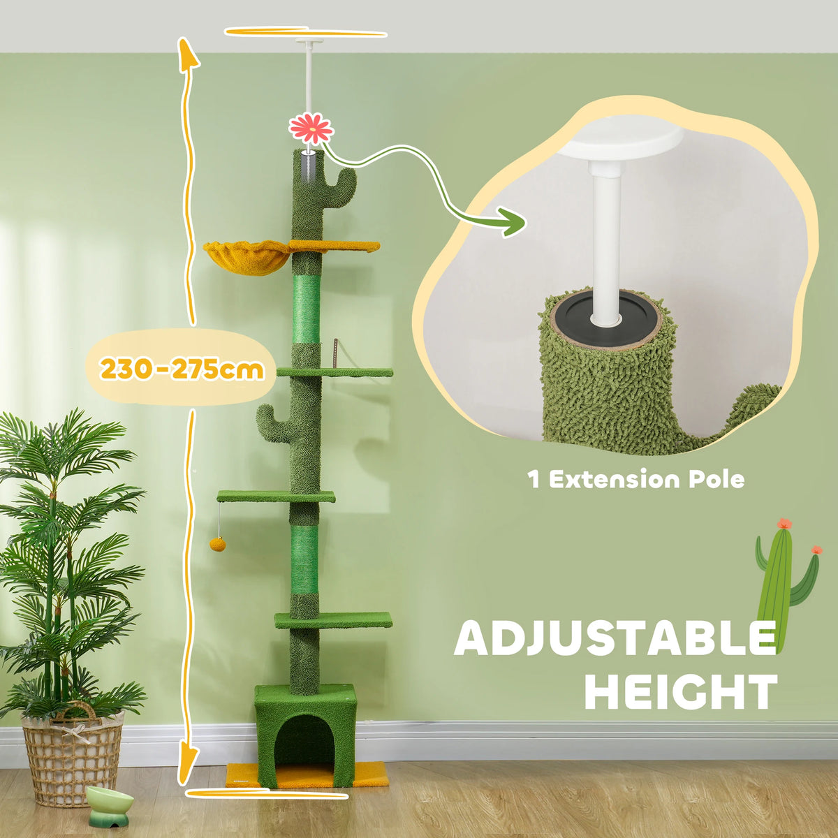 Floor to Ceiling Cat Tree, 230-275cm Adjustable, 6 Levels with Scratching Posts