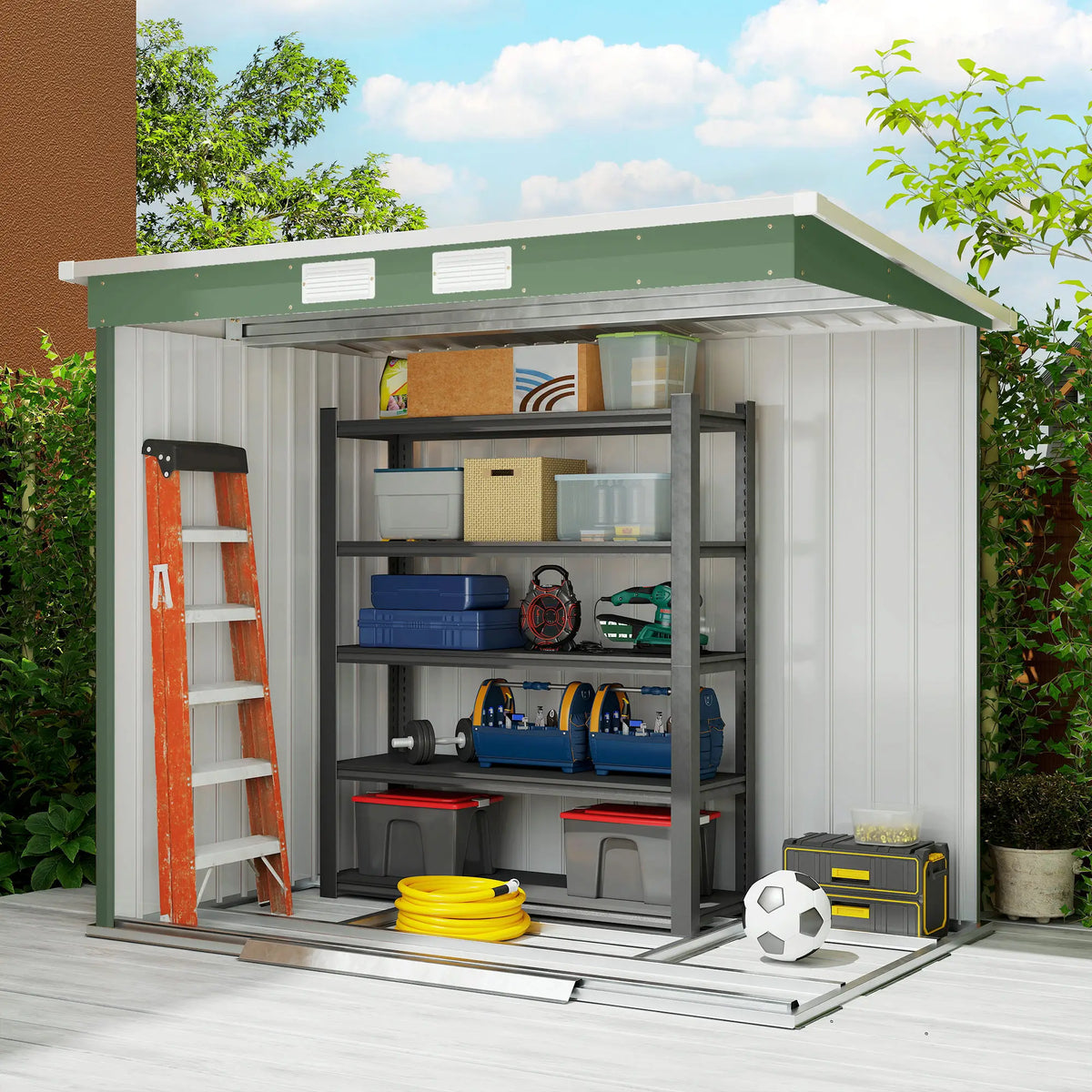 7 x 4ft Lean-To Metal Garden Shed with Sliding Doors and Vents, Green