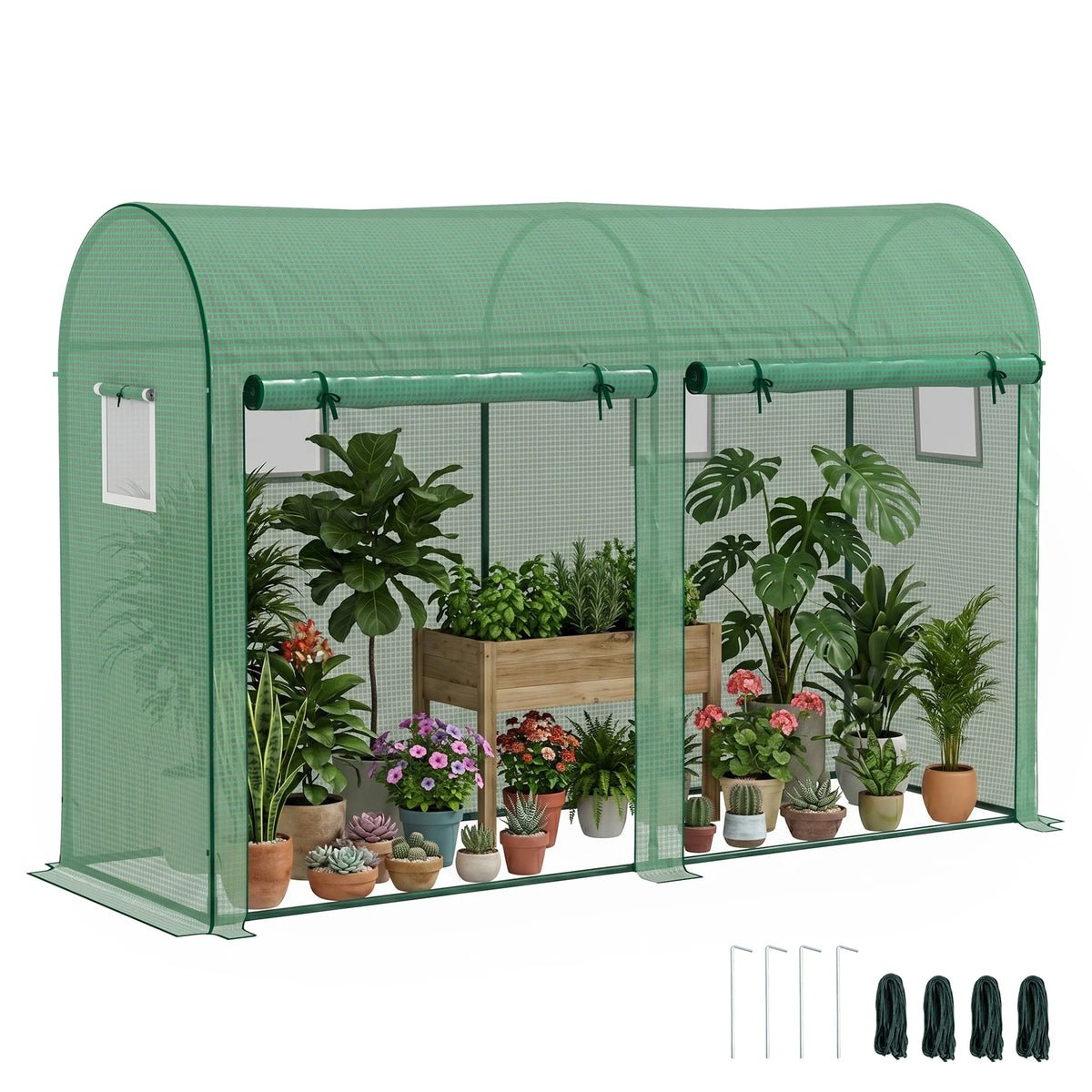 Tomato Greenhouse with 2 Roll-Up Doors and 4 Windows, 3 x 1 x 2m, Green