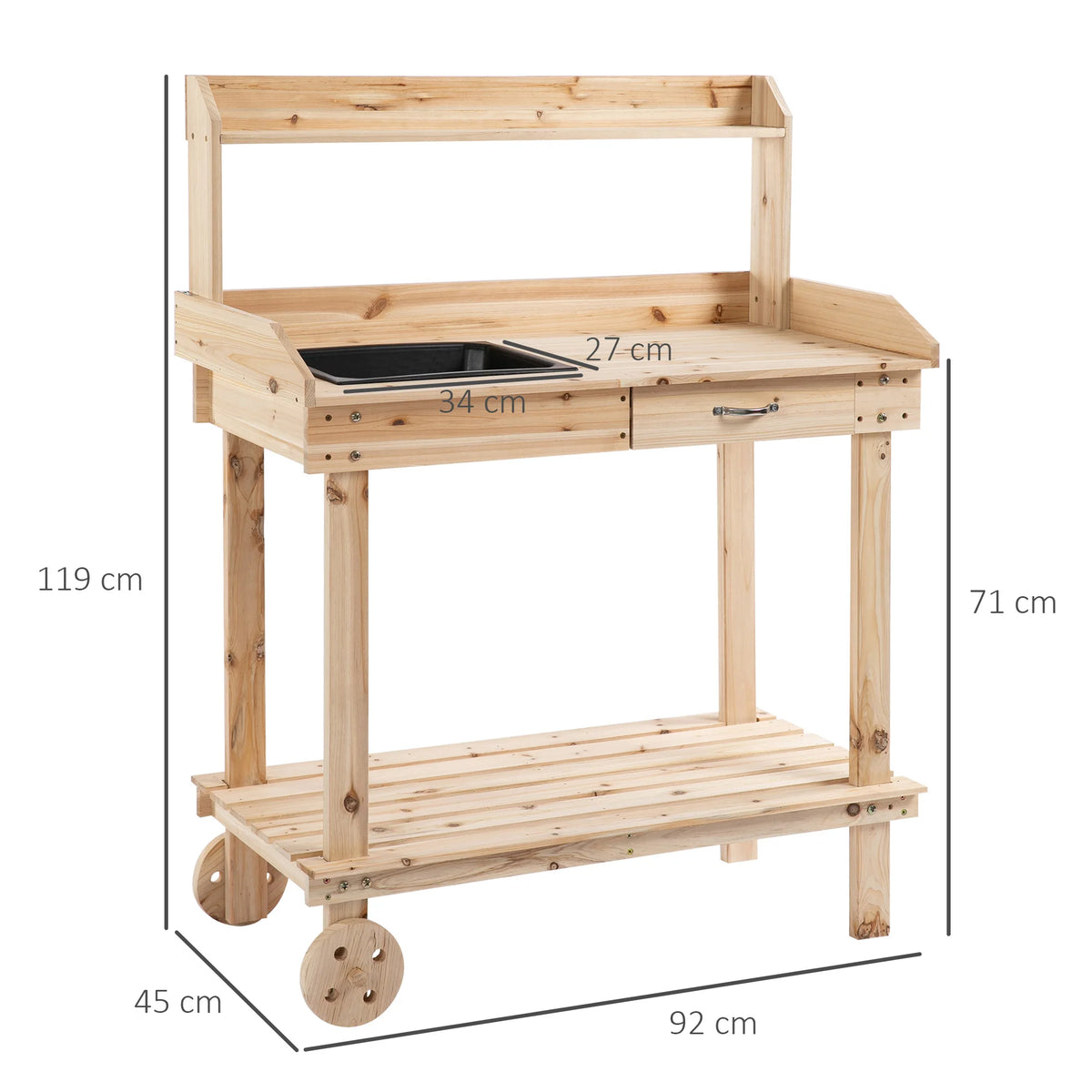 Wooden Garden Potting Bench with Sink, Drawer and Wheels