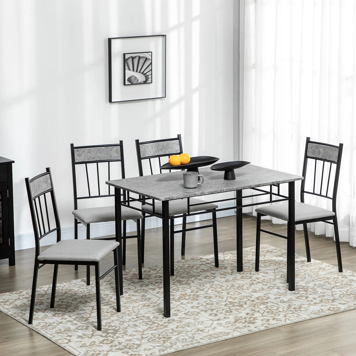 5 Piece Dining Table and Chairs Set with Marble-Effect Top, Space-Saving