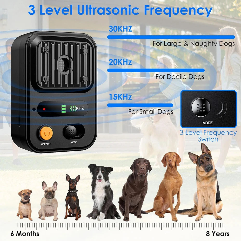 Ultrasonic Anti Barking Device Rechargeable Bark Deterrent 3 Frequency Modes IP54 Waterproof Indoor Outdoor