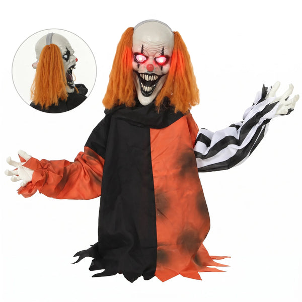 Face changing animated Halloween clown prop with red LED eyes