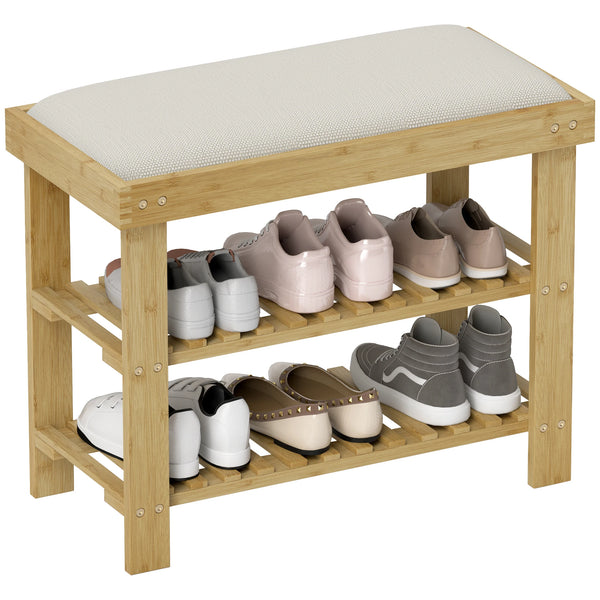 Bamboo Shoe Storage Bench 3 Tier with 4cm Linen Feel Cushion Holds 6 Pairs Entryway Seat Cream