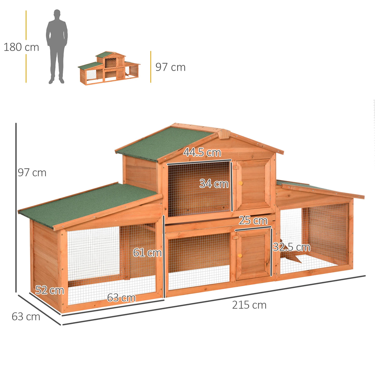 2-Tier Fir Wood Rabbit Hutch with Run, for Guinea Pigs and Small Animals