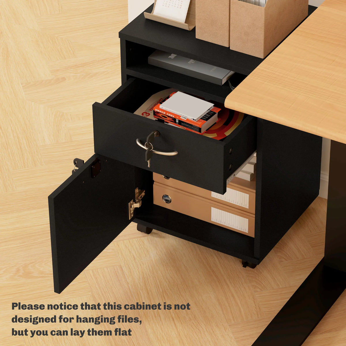 Filing Cabinet 60cm with Bottom Cupboard Top Drawer Open Shelf and Rolling Casters Printer Stand Black