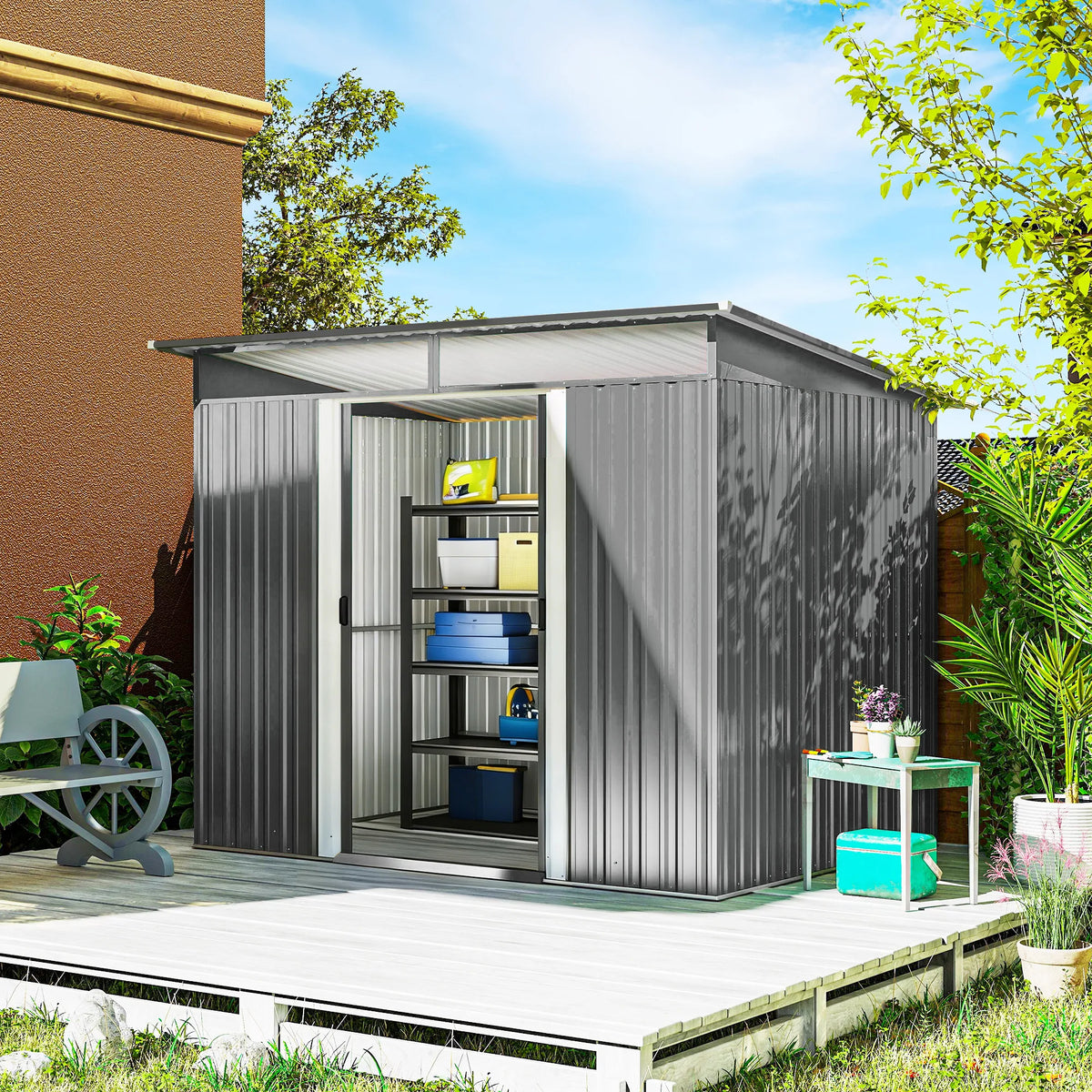 9 x 6.5ft Metal Garden Shed with Double Sliding Doors and Vents, Grey