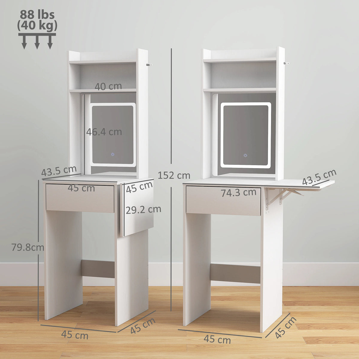Small Dressing Table with LED Mirror and Fold-Out Leaf, White