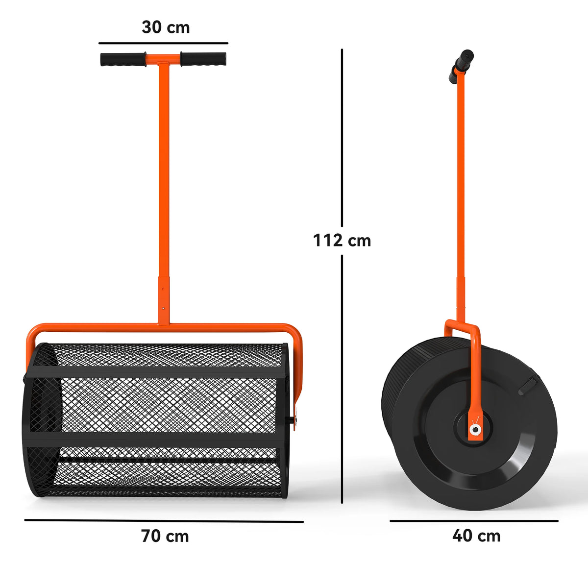 300L Compost and Peat Moss Spreader with Height Adjustable T-Handle, Orange