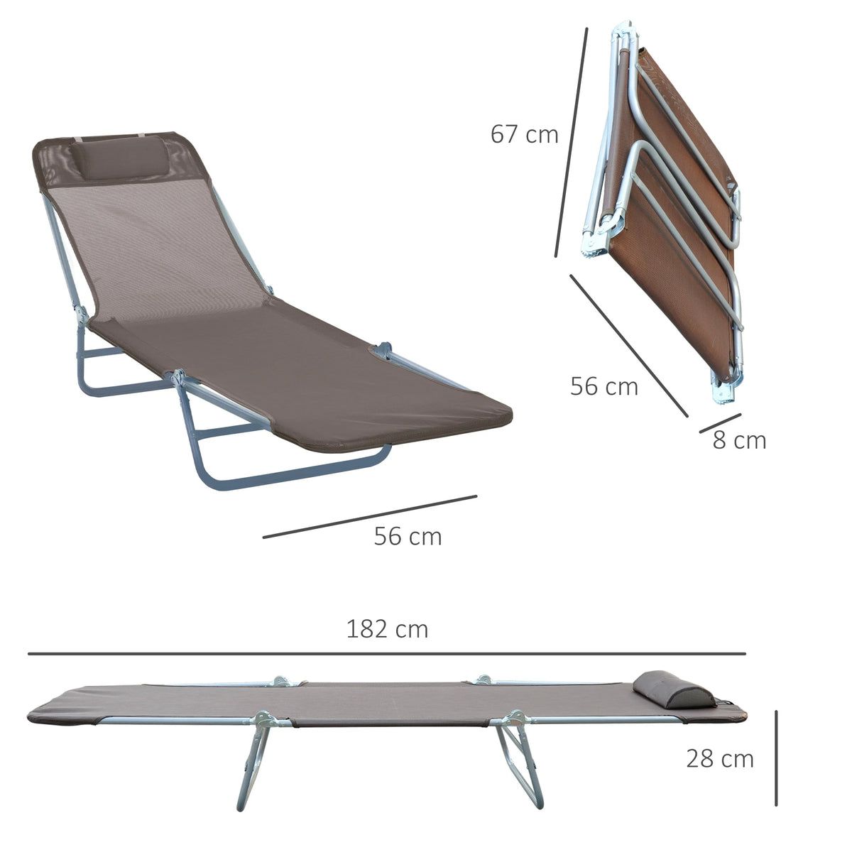 Folding Sun Lounger with Adjustable Back and Pillow, Coffee