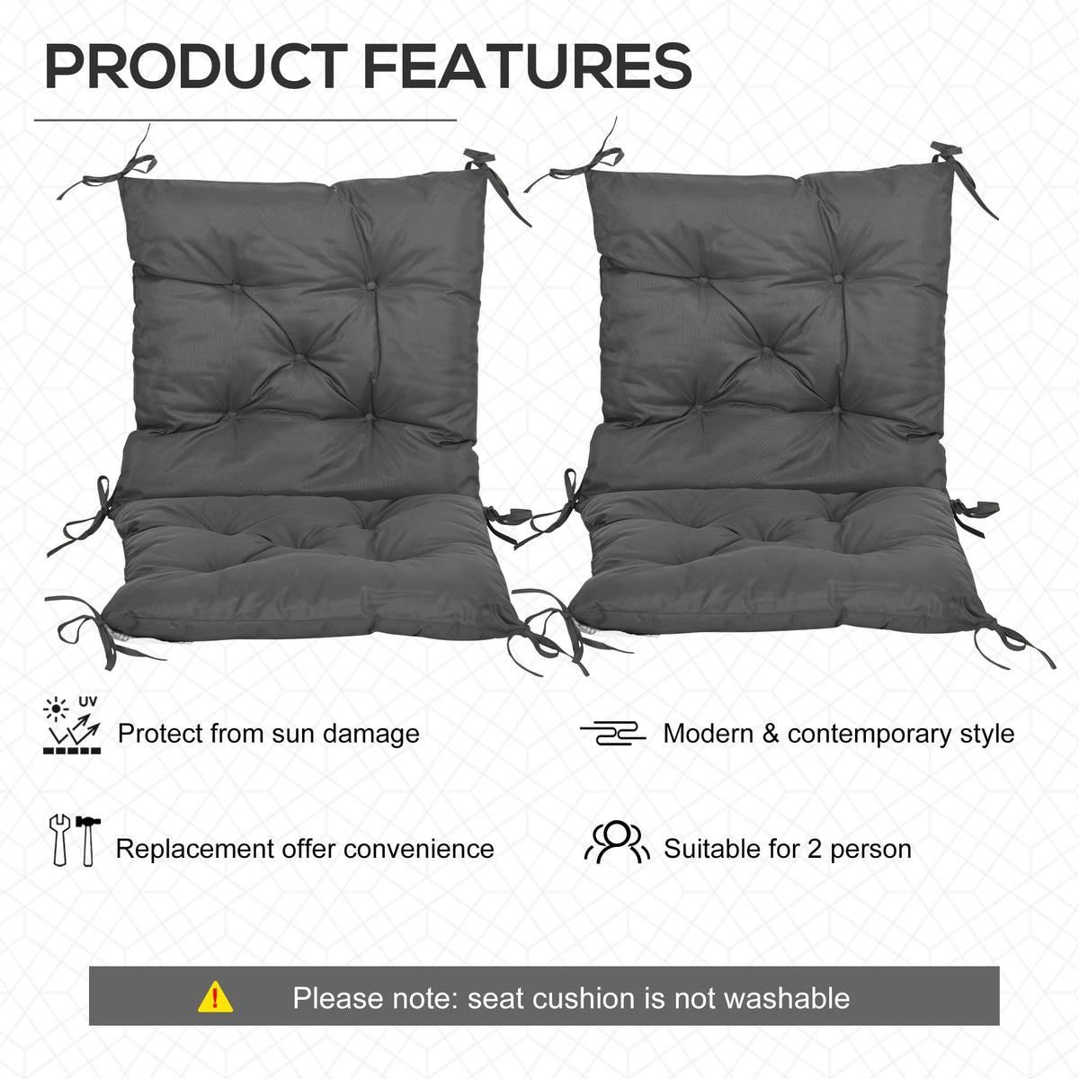 Set of 2 Garden Chair Cushions, Seat and Back Pads for Indoor and Outdoor Use