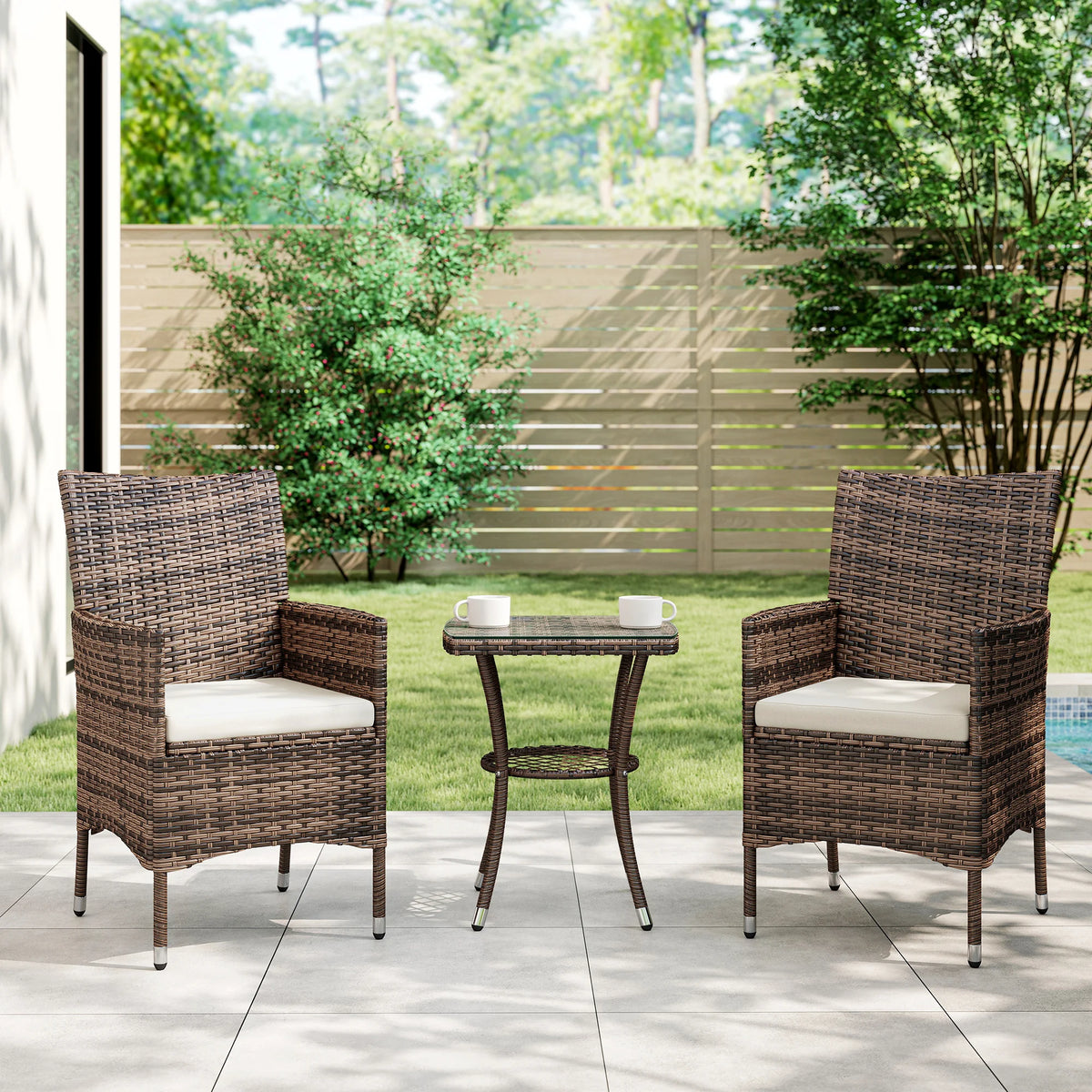 Rattan Bistro Set, Garden Chairs and Table, Patio Outdoor Furniture, Brown