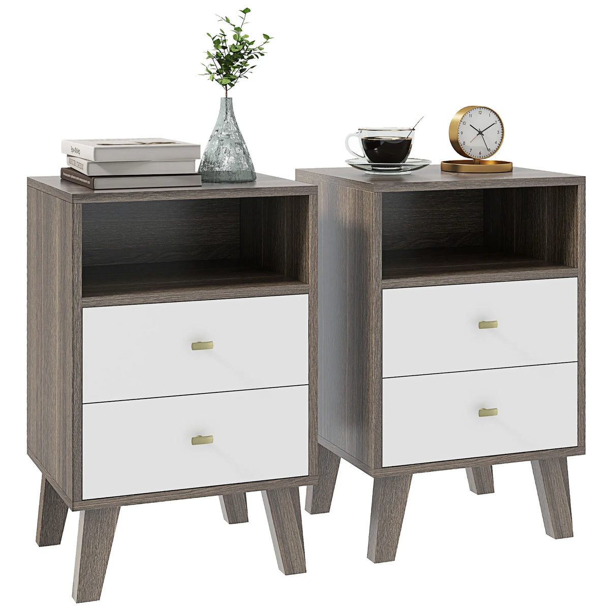 Bedside Tables Set of 2 with 2 Drawers and Open Shelf, White and Grey