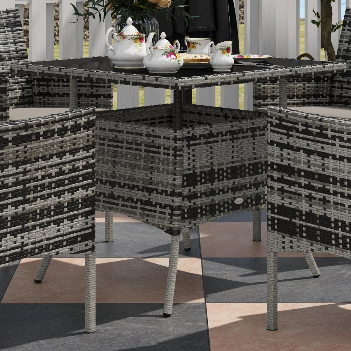 4 Seater Rattan Set with Cushions, PE Rattan Garden Furniture Set, Glass Top Table, Outdoor Table and Chairs