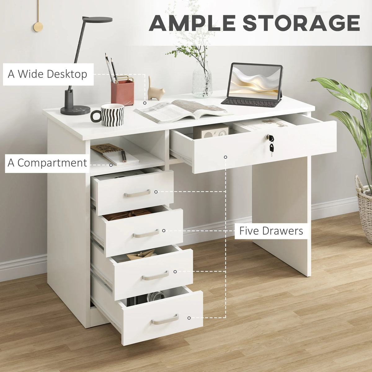 Computer Desk with 5 Drawers and Lockable Drawer, Home Office Writing Desk, 110 x 50 x 76 cm, White