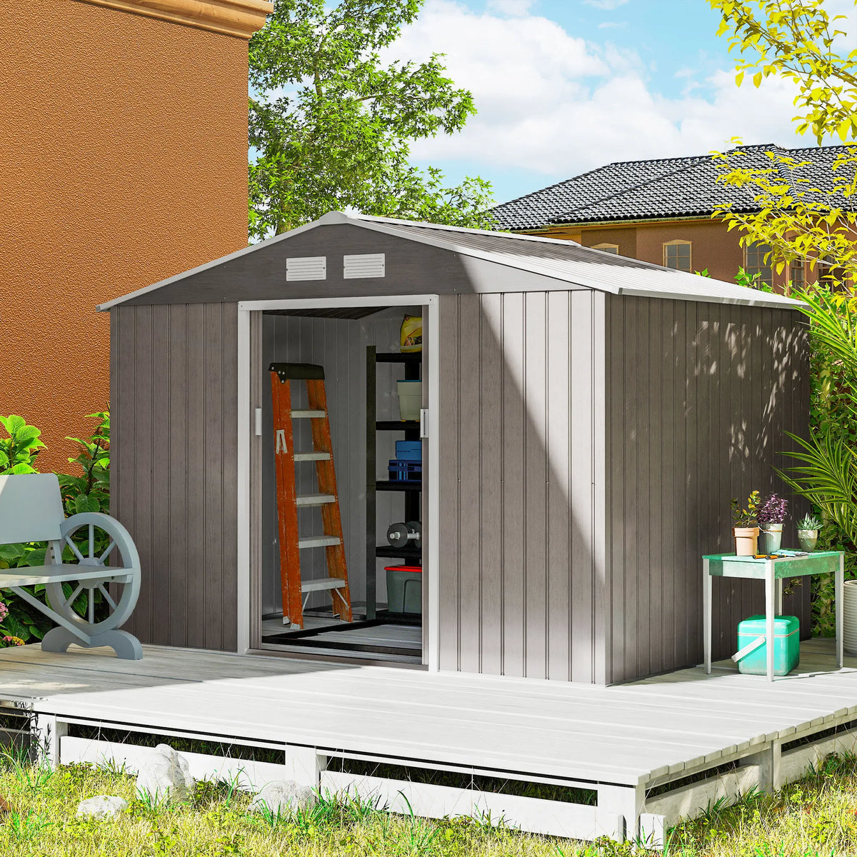 9 x 6ft Metal Garden Shed, Outdoor Storage Tool House with Ventilation Slots, Foundation Kit, Light Brown