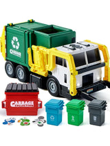 Garbage Truck Toy Set with Dumpster Trash Bins Learning Cards Working Sounds and Lights for Kids Boys