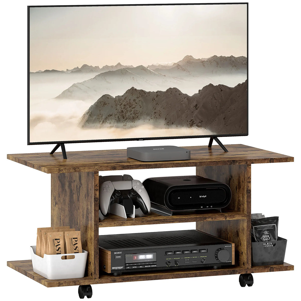 Modern TV Cabinet Stand, Storage Shelves Table, Mobile, Rustic Brown