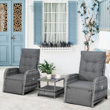 3 Piece Rattan Bistro Set 2 Reclining Sun Loungers Two-Tier Coffee Table Cushions for Garden Balcony Patio