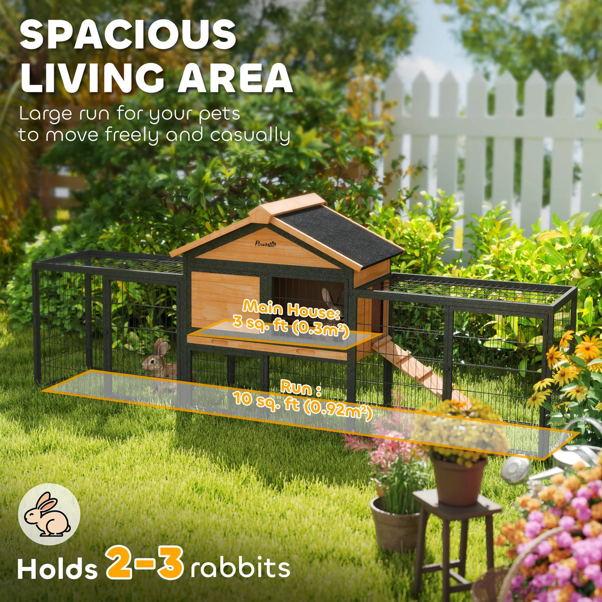 Outdoor Rabbit Hutch with Steel Run 217x53x86cm Guinea Pig Cage Asphalt Roof and Removable Tray Natural