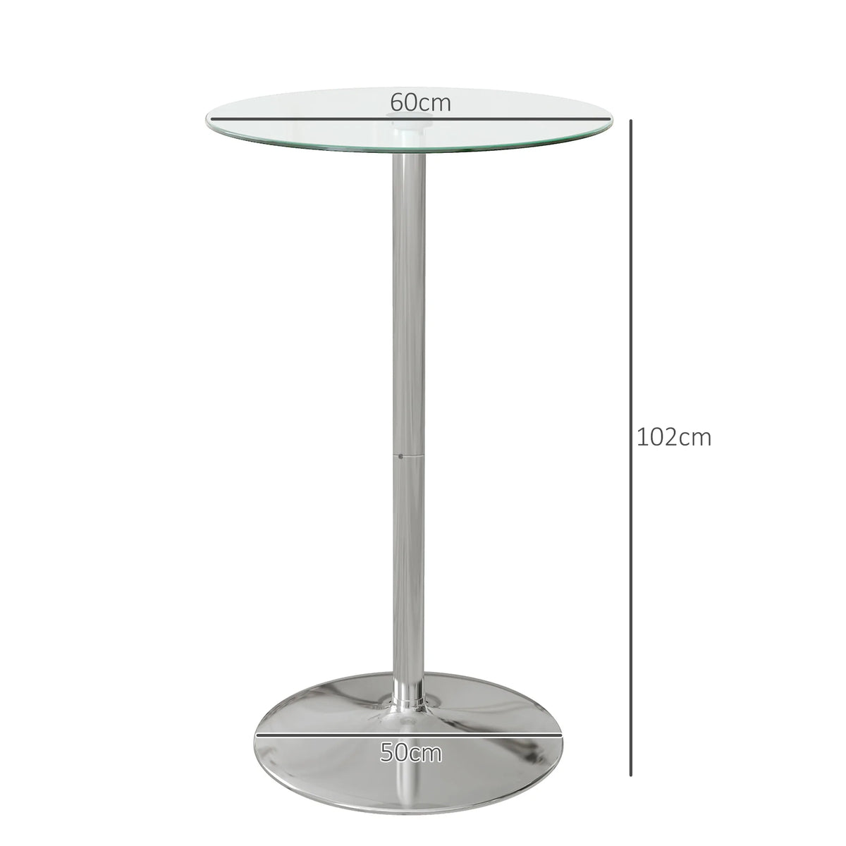 Round Bar Table for 2 with Tempered Glass Top Polished Galvanised Steel Base Non Slip Foot Pad Pub Height