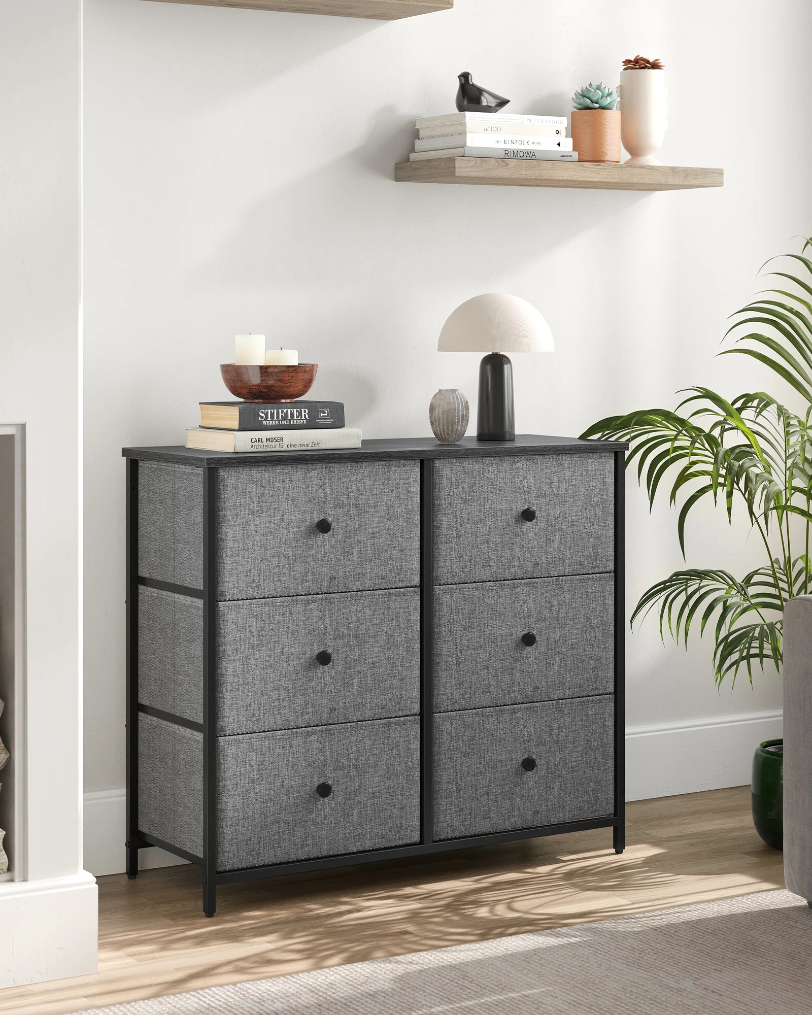 6 Drawer Fabric Chest of Drawers 80x30x71cm Metal Frame Wood Knobs Grey for Bedroom Nursery Hallway