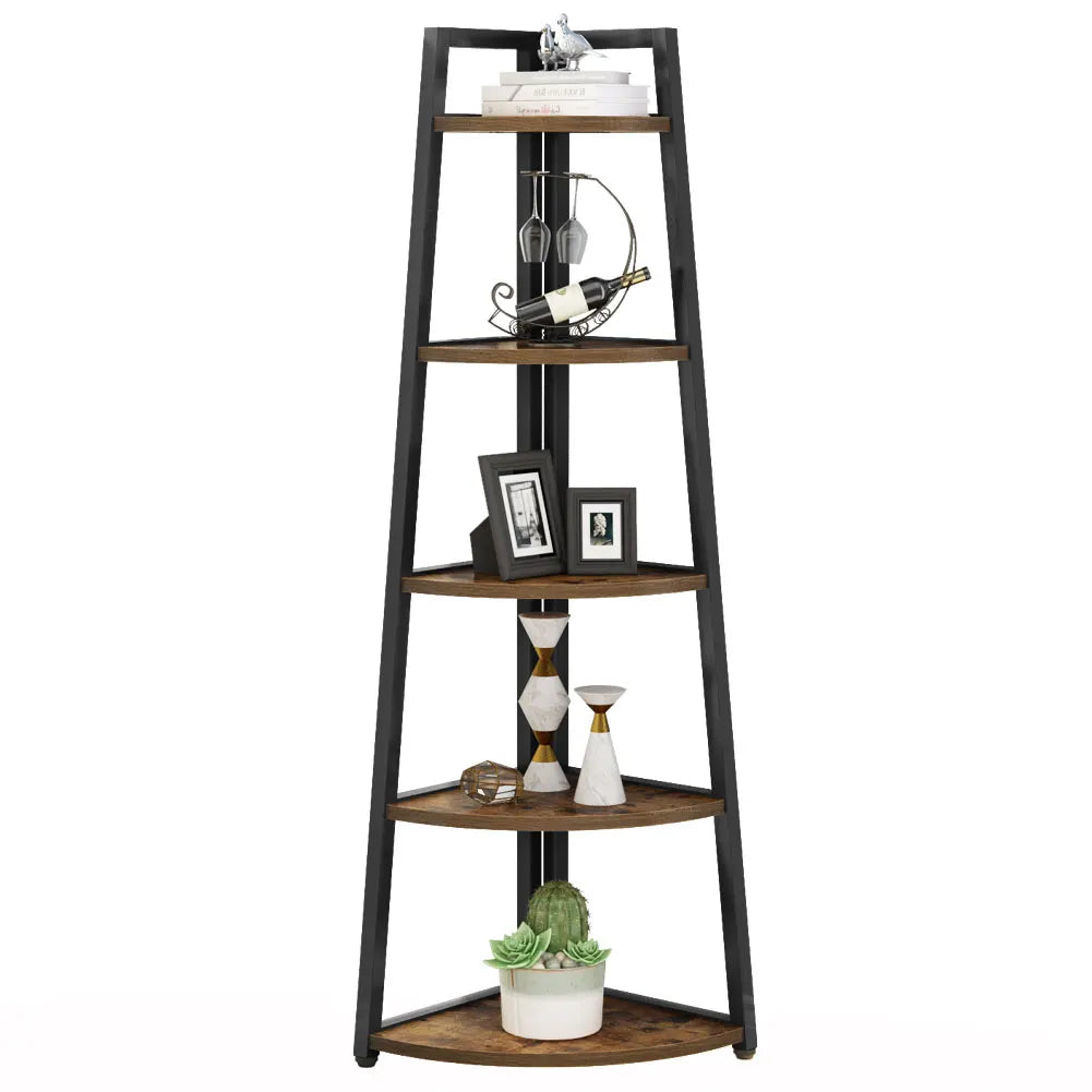 5-Tier Retro Corner Bookshelf 70 Inch | Wood and Iron Freestanding Corner Ladder Shelf Display Rack