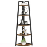 5-Tier Retro Corner Bookshelf 70 Inch | Wood and Iron Freestanding Corner Ladder Shelf Display Rack