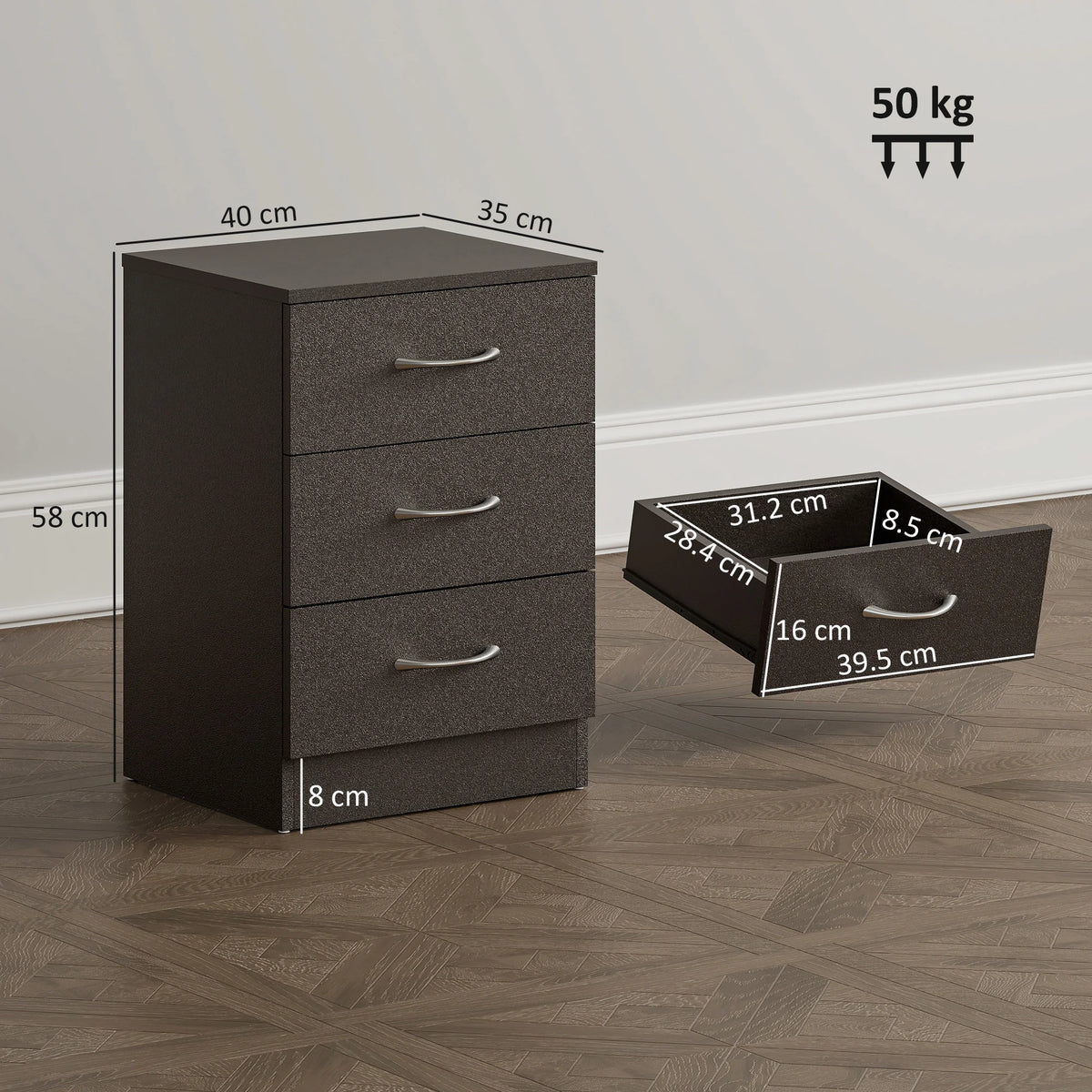 Modern 3-Drawer Bedside Table, Black Wood-Effect