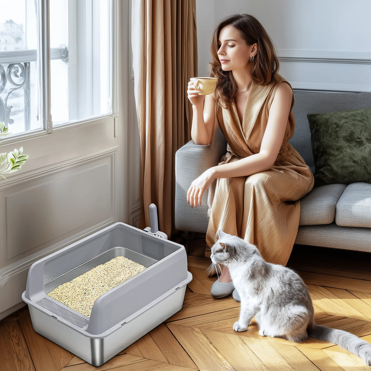 Stainless Steel Large Cat Litter Box Semi-Closed 60x40x27.7cm Odor Proof Scoop Small Medium Kittens