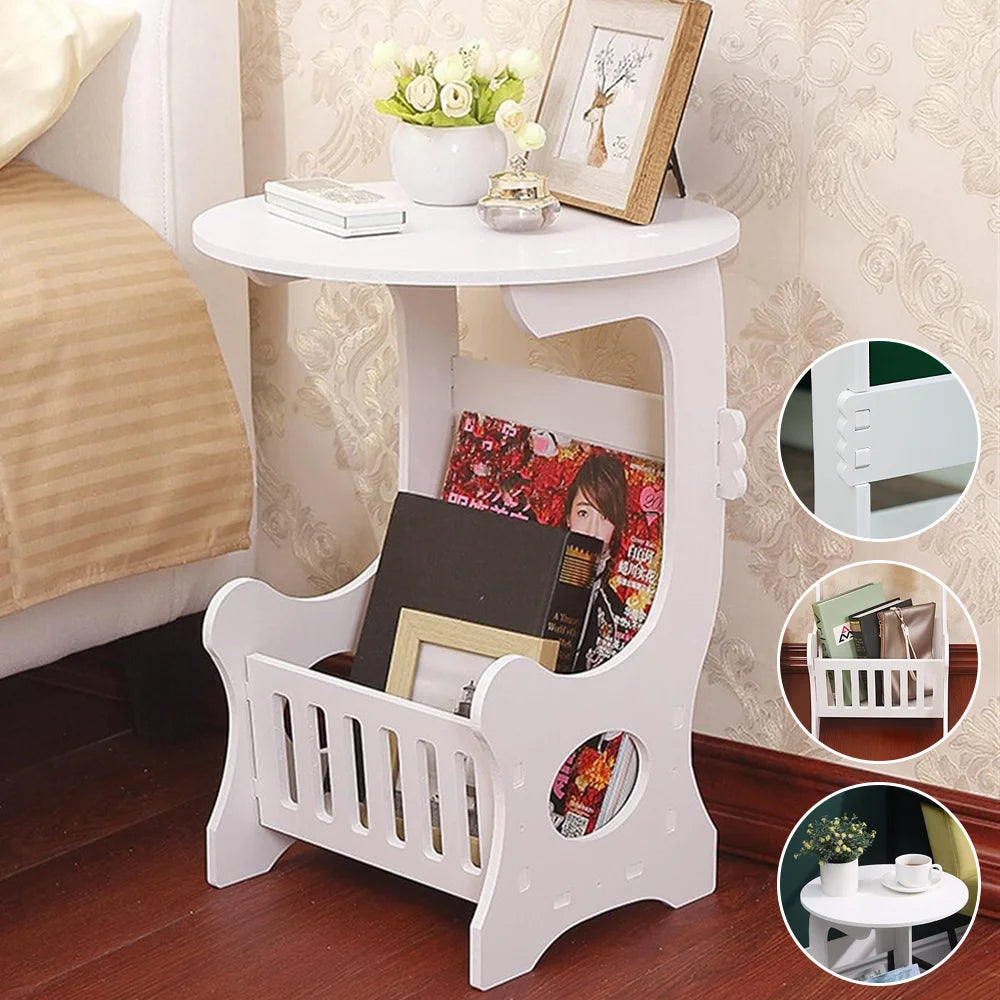 Mini Round Bedside Table 2-Tier White | Lightweight Wooden Side Table for Bedroom Living Room