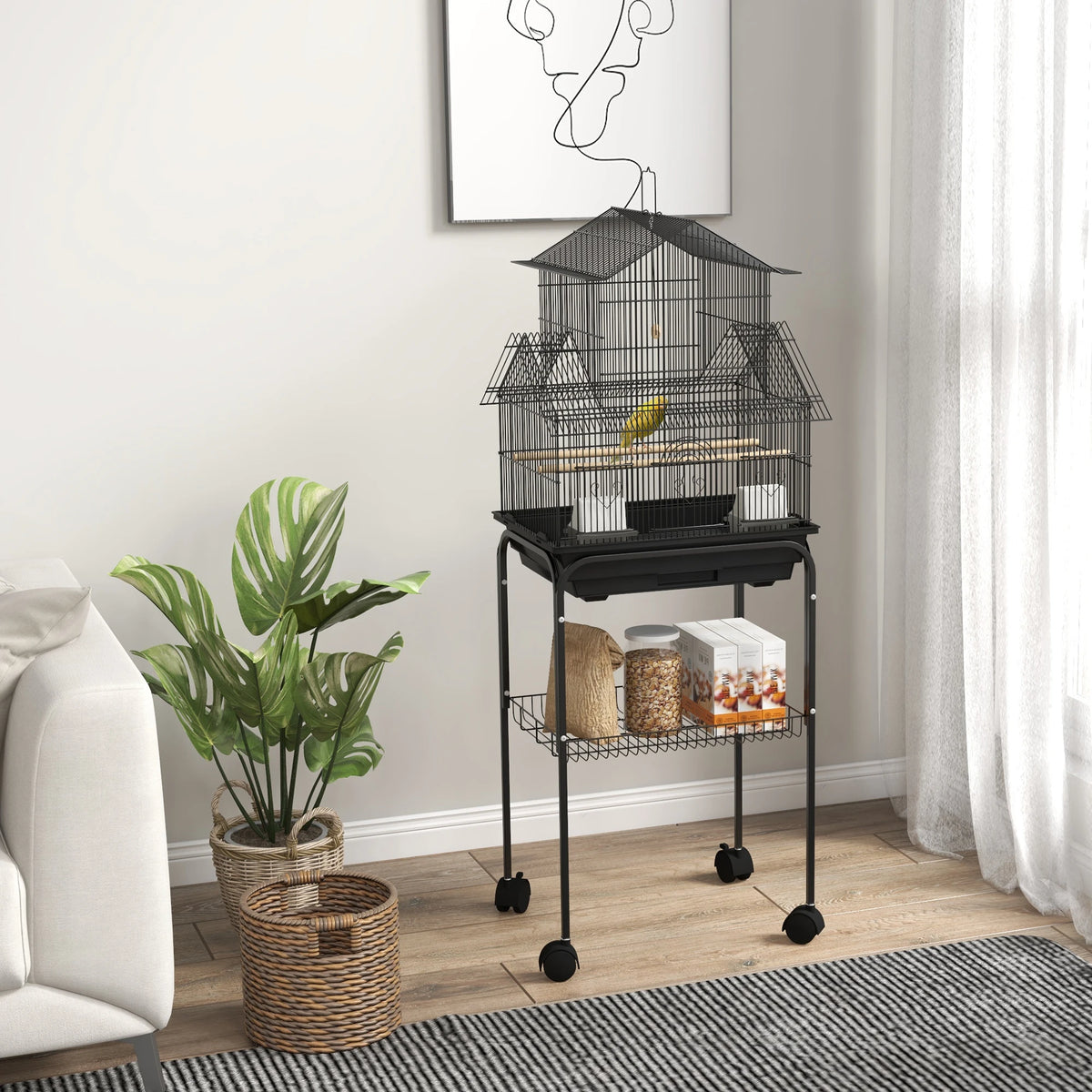 Metal Bird Cage with Stand, Wheels, Perches and Feeders for Finches and Canaries, Black