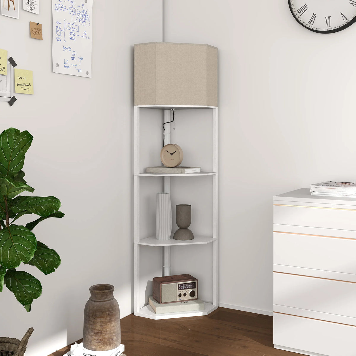 Corner Floor Lamp with 3 Shelves and Pull Chain, White
