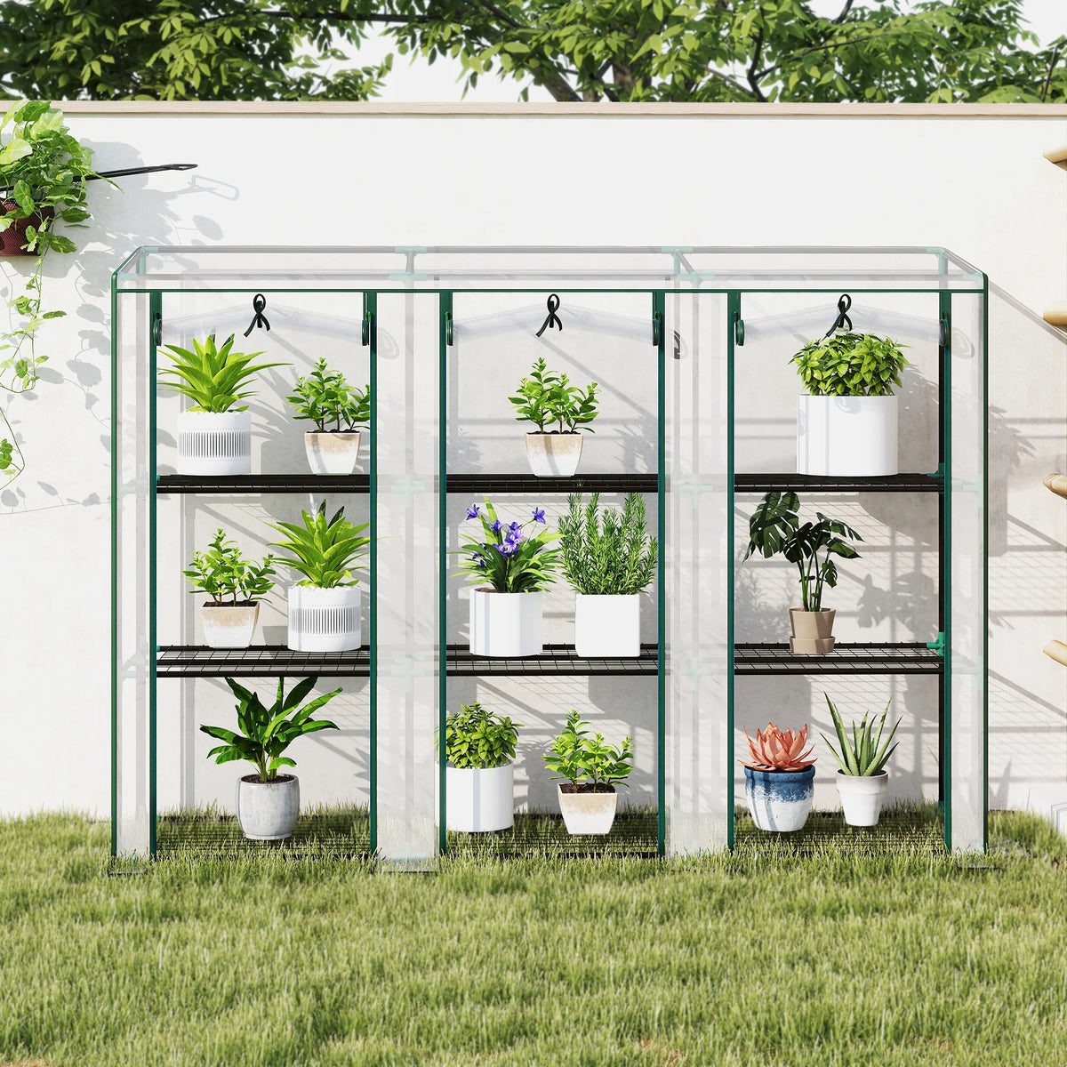 3-Tier Lean-to Mini Greenhouse with Clear Cover and 3 Roll-Up Doors